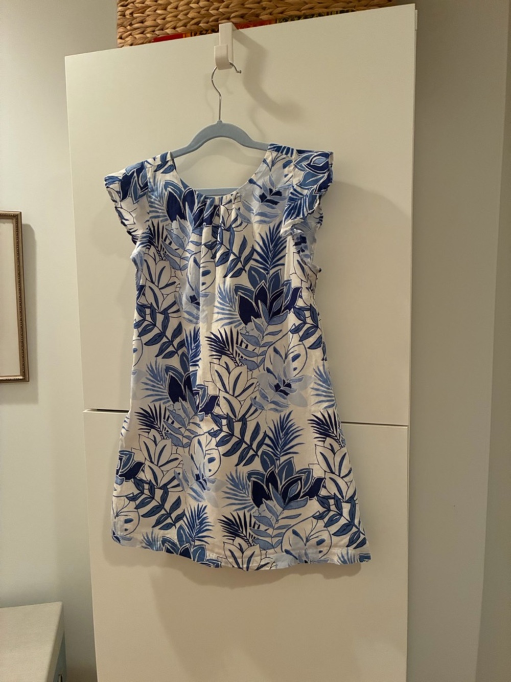 Janie and Jack White and Blue Tropical Leaf Print Dress - Size 8